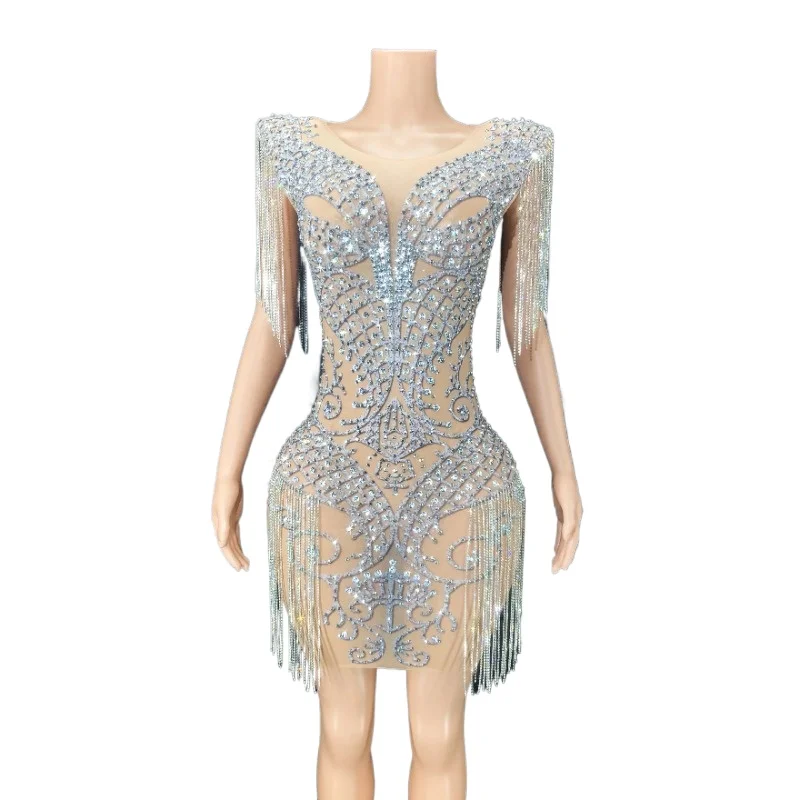 

New Style Luxury Women Unique Pattern Handmade Sparkly Rhinestone Fringe Tassel Evening Party Dresses