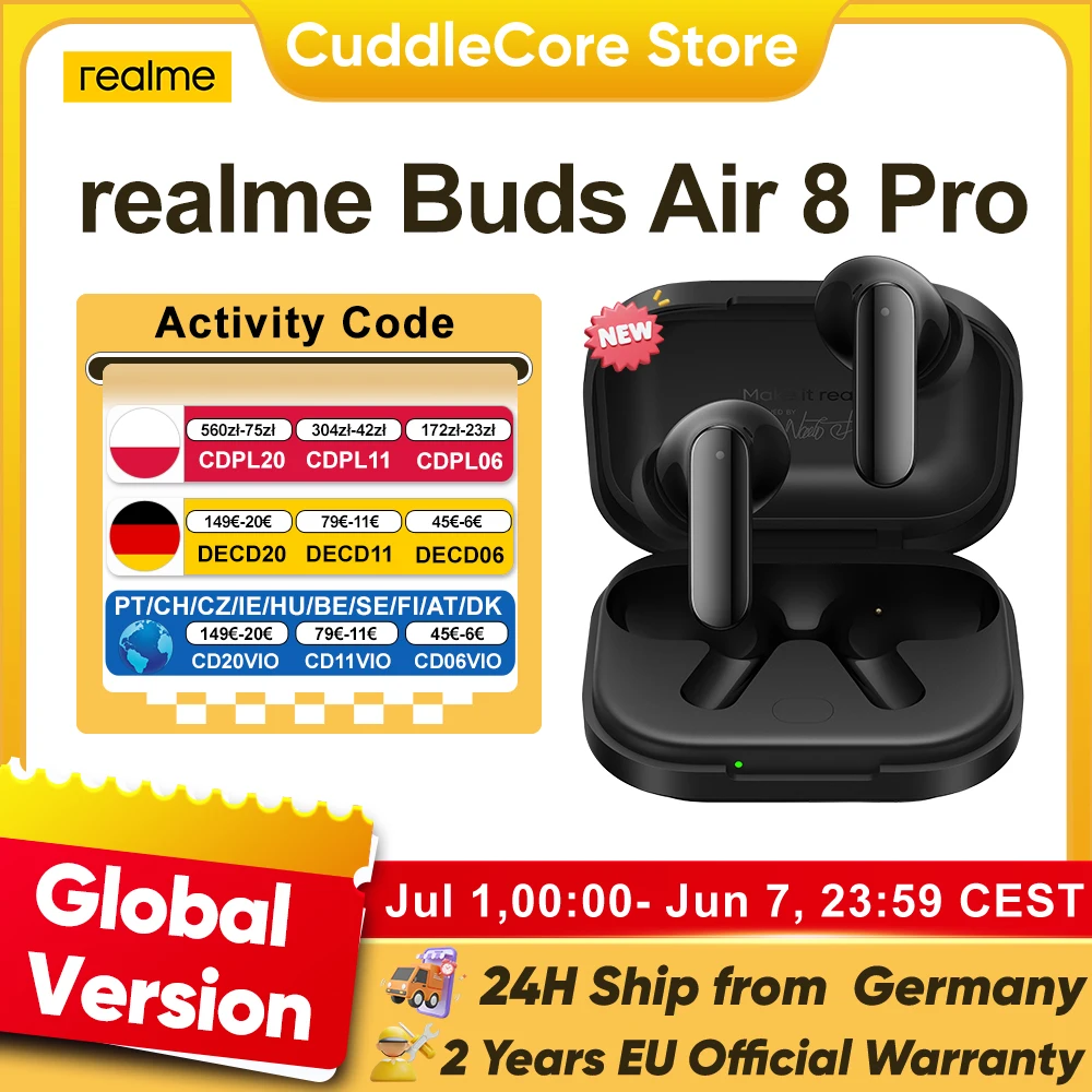 realme Buds Air 8 Pro 2026 Nowe słuchawki Bluetooth Bezprzewodowe słuchawki z redukcją szumów 55dB Ultra Depth Noise Cancellation Dla smartfonów 5G realme 16 Pro Plus relame GT 7t Wersja europejska
