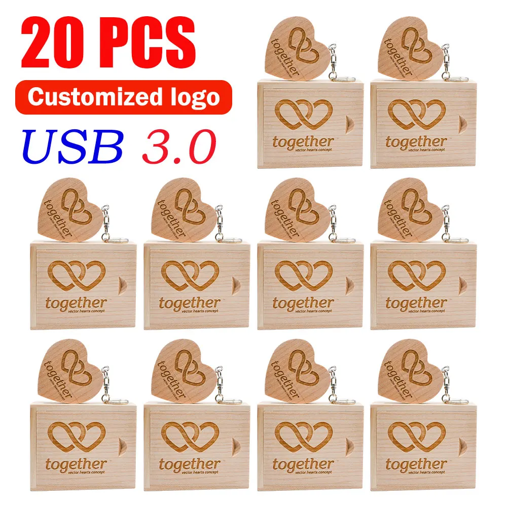 20pcs Heart USB 3.0 Flash Drive 64G Free Key Ring Wooden Pen Drives 32G Memory Stick Maple Creative Gift Wedding Gift Free Logo