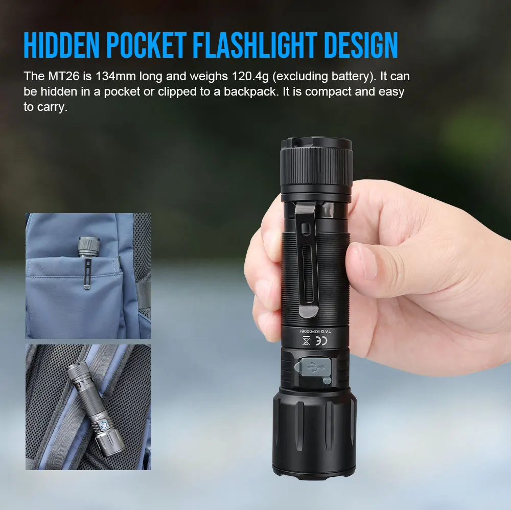 Trustfire MT26 Rechargeable LED EDC Flashlights 3300Lumen 21700 Powerful Torch Type USB C Charging Discharge Power Bank Function