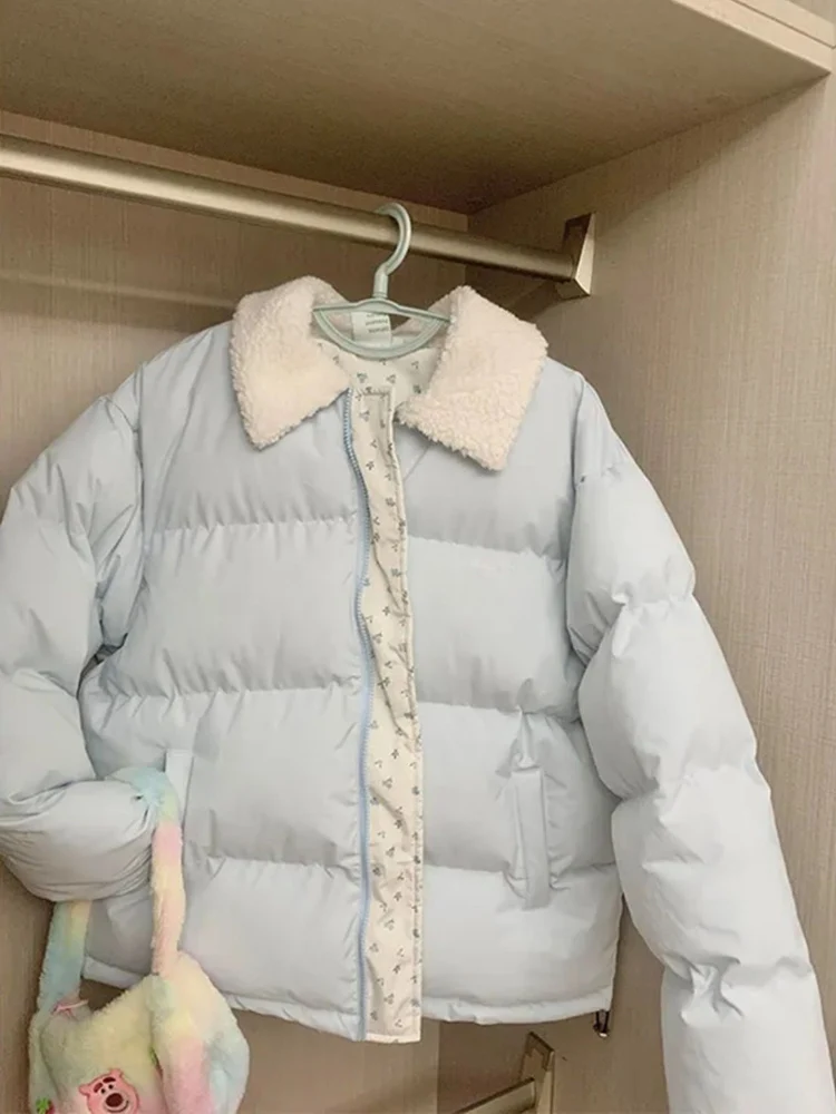 Zoki الأزرق الأزهار المرقعة سترات المرأة الكورية الحلو شتاء دافئ منتفخ معطف عادية كم طويل فضفاض نمط Preppy سترة قطن