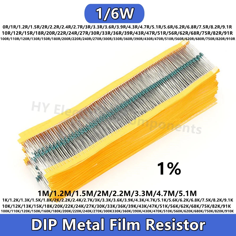 

100PCS 1% 1/6W 1/8W 1K 1 M 68R 75R 82R 91R 100 120 150R 180 200R 220 240 270R 300R 330R Ω OHM DIP Metal Film Color Ring Resistor