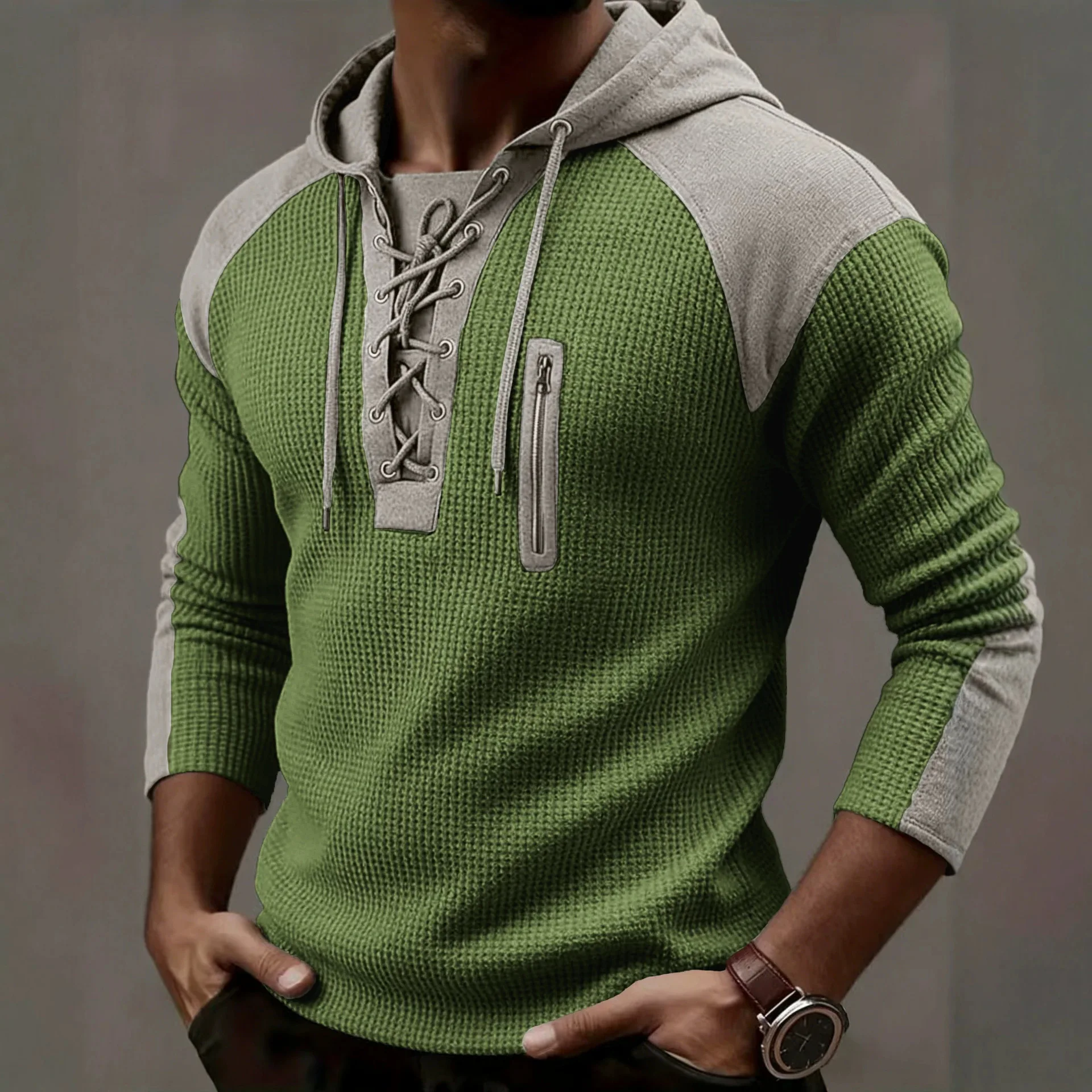 Men-Waffle-Hoodie-Color-Color-Blocking-Pullover-Sweatshirt-Plus-Size-Long-Sleeve-Casual-Loose-Daily-Streetwear-Tops-For-Male