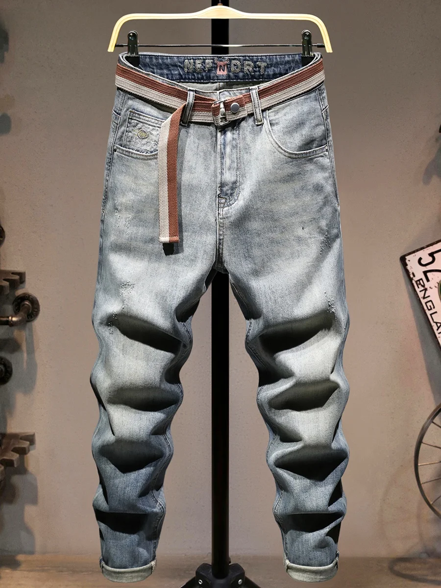 

Мужские модные джинсы слим-фит с эффектом потертости, весна-лето, новинка, высококачественные, универсальные, узкие, прямые, из хлопка со стрейчем