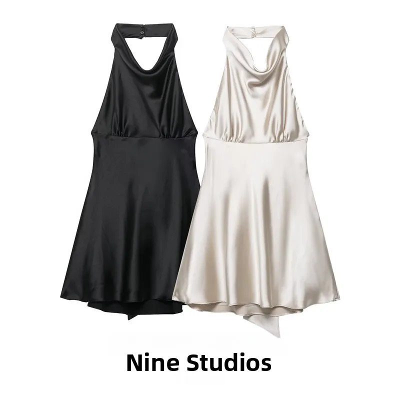 실크 느낌 나비 매듭 백리스 숏 드레스 여성 캐주얼 H라인 넥 홀터 스타일 폴리에스터 소재 민소매 여름