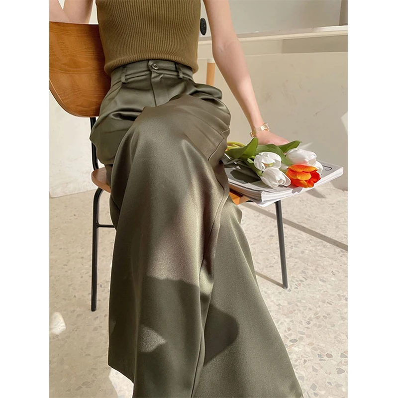 MEXZT Elegante Satin Breite Bein Hosen Frauen Mode Schwarz Baggy Anzug Hosen Sommer Büro Damen Koreanische Hohe Taille Gerade Hosen
