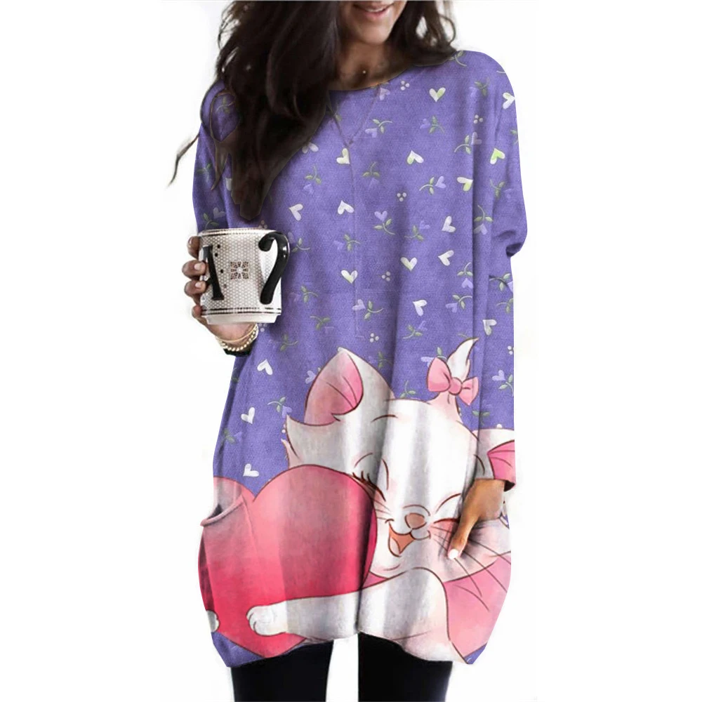 Disney Mary Cat printed women's T-shirt long sleeved Snow White printed street women's T-shirt s-3XL plus size casual women's to