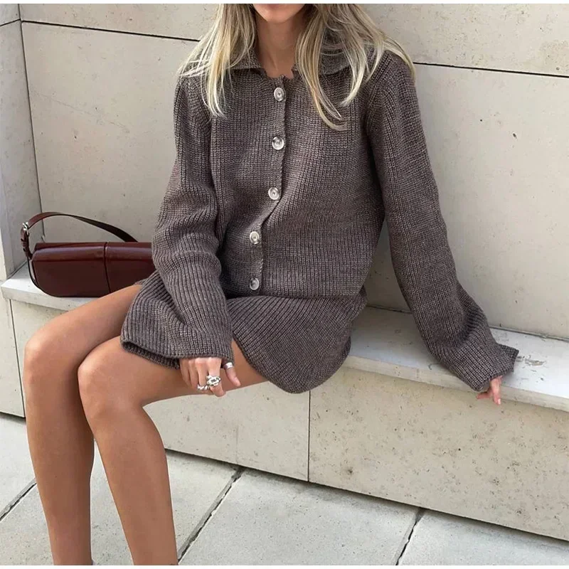 2 Pieces Lapel Long Sleeve Single Breasted Cardigan Short Skirt Suit Elegant Solid Knitted Sets For Women Lady Slim Fall Suits