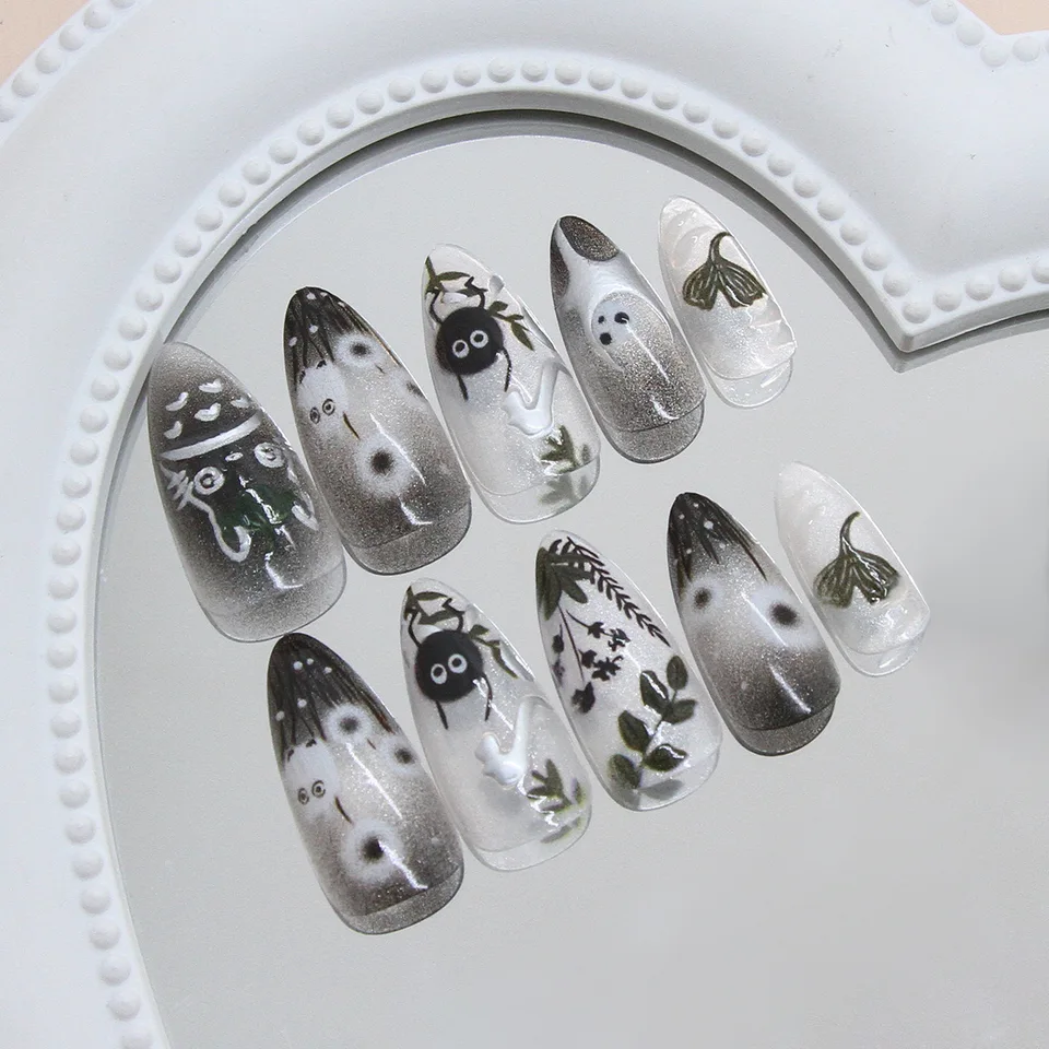 24 uñas postizas con degradado negro, diseño de gato y hada del bosque, brillantes, almendradas 3