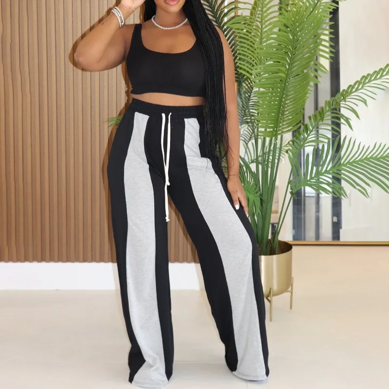 HLJ Autumn New Casual Loose Pants Women Color Block Drawstring Patchwork Straight Pants Fashion Female Streetwear Bottoms 2025