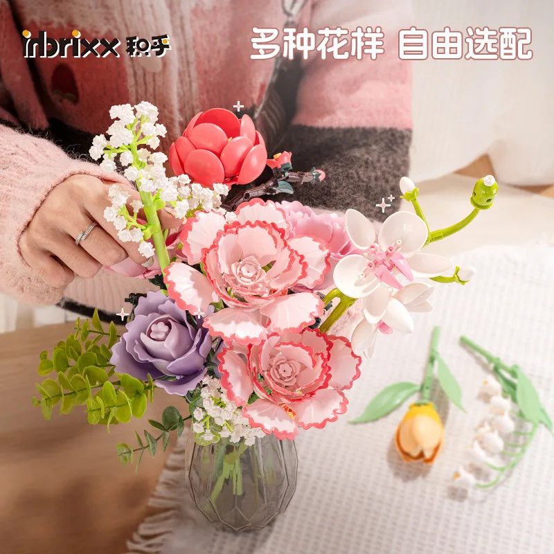 Small Particles Building Block Flower Simulation Assembly Model Kit Lily Of The Valley Tulip Peony Carnation Plastic Toy Gift