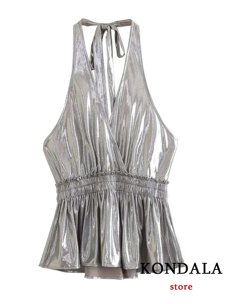 KONDALA Streetwear Metallic Silver Halter Ruffles Tops Women Fashion 2023 Summer Sexy Backless V Neck Slim Blouses Y2K Girl Top