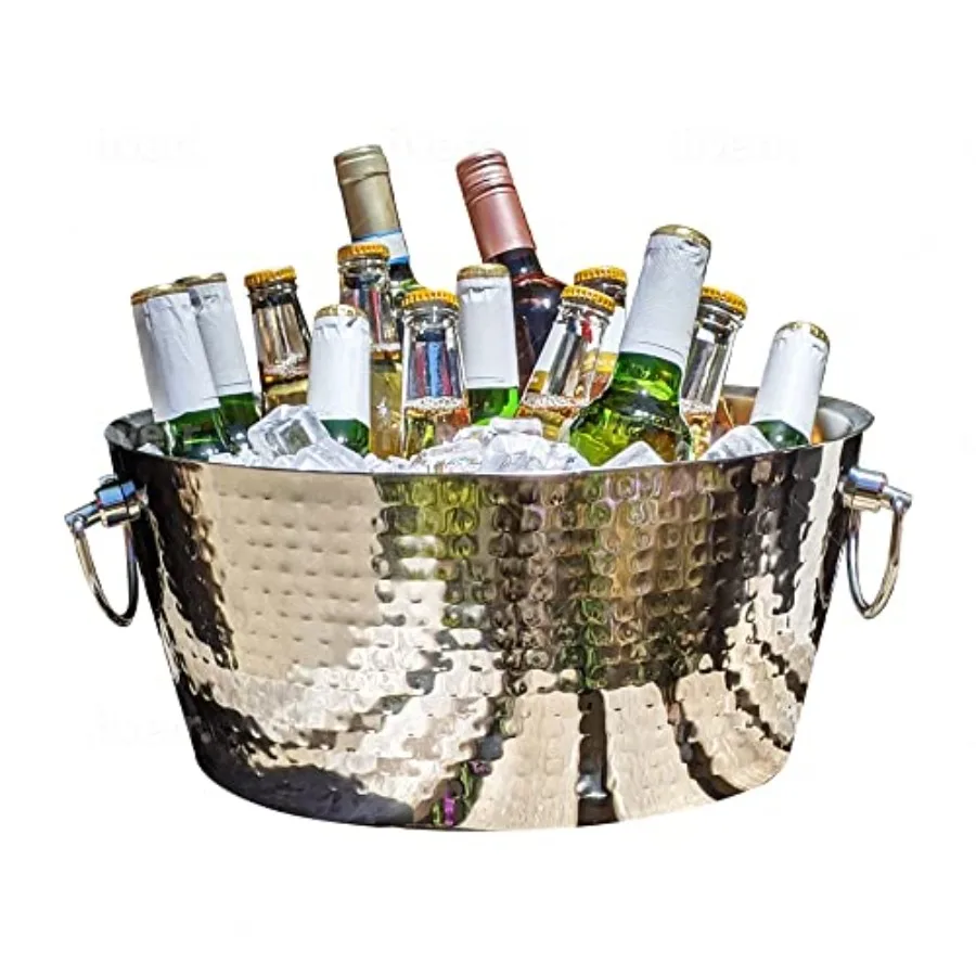 Hammered Stainless-Steel Beverage Tub Double-Walled Insulated Anchored Drink Tub and Ice Bucket with Double Hinged Handles Drin