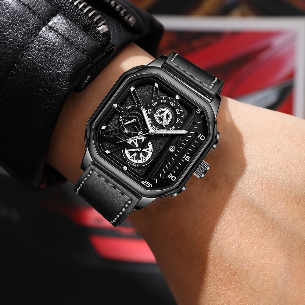 

Men Quartz Watches Leather Strap Big Dial Student Square Sports Watch Cool Black Men's Watch Waterproof Wristwatch