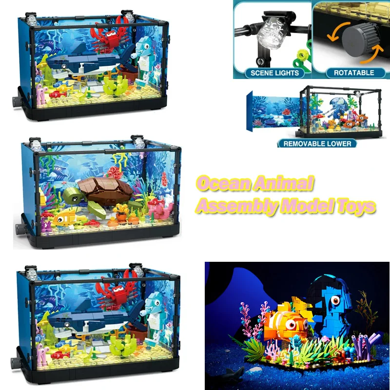 

MOC Marine Animal Jellyfish Fishbowl Aquarium Building Blocks Sea Turtle Fish Tank Assembled Educational Model Bricks Toys Gifts