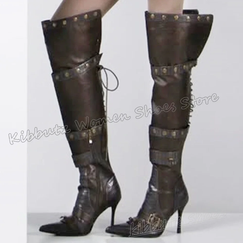 المسامير حذاء برقبة للركبة خمر المرقعة حزام مشبك سستة أحذية الساخن الفتيات القوطية موضة فاخرة أنيقة موجزة مثير الجدة #5