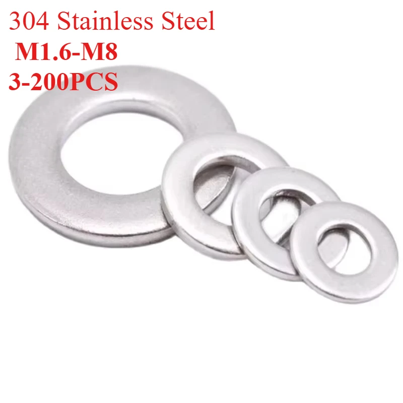 3-200pcs GB97 A2 304 Stainless Steel Flat Washer Plain Gasket for M1.6 M2 M2.5 M3 M4 M5 M6 M8 M10 M12 M16 M20 M24 Screw Bolt