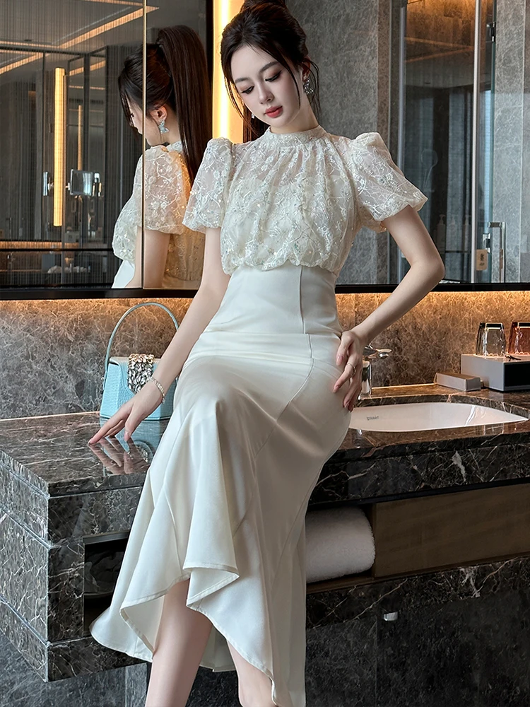 Elegant Style Long Date Dress Women Sweet Gentle Sheer Lace Spliced Sequins High Waist Fishtail Robe Female Party Vestidos Mujer