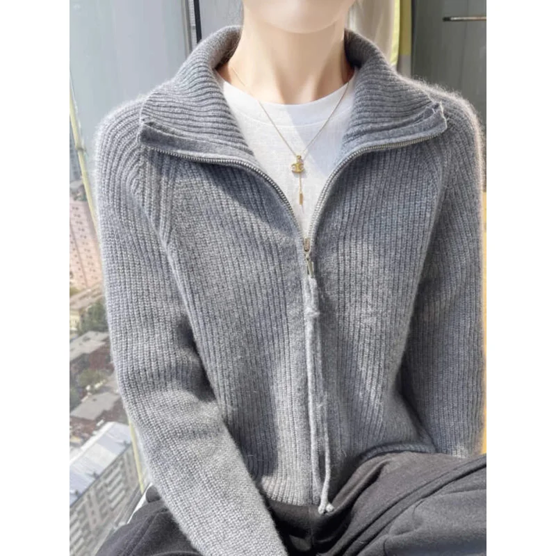 سترة نسائية 2025 سترات بسحاب للخريف والشتاء سميكة ودافئة وياقة مقلوبة سترة محبوكة كورية متينة #2