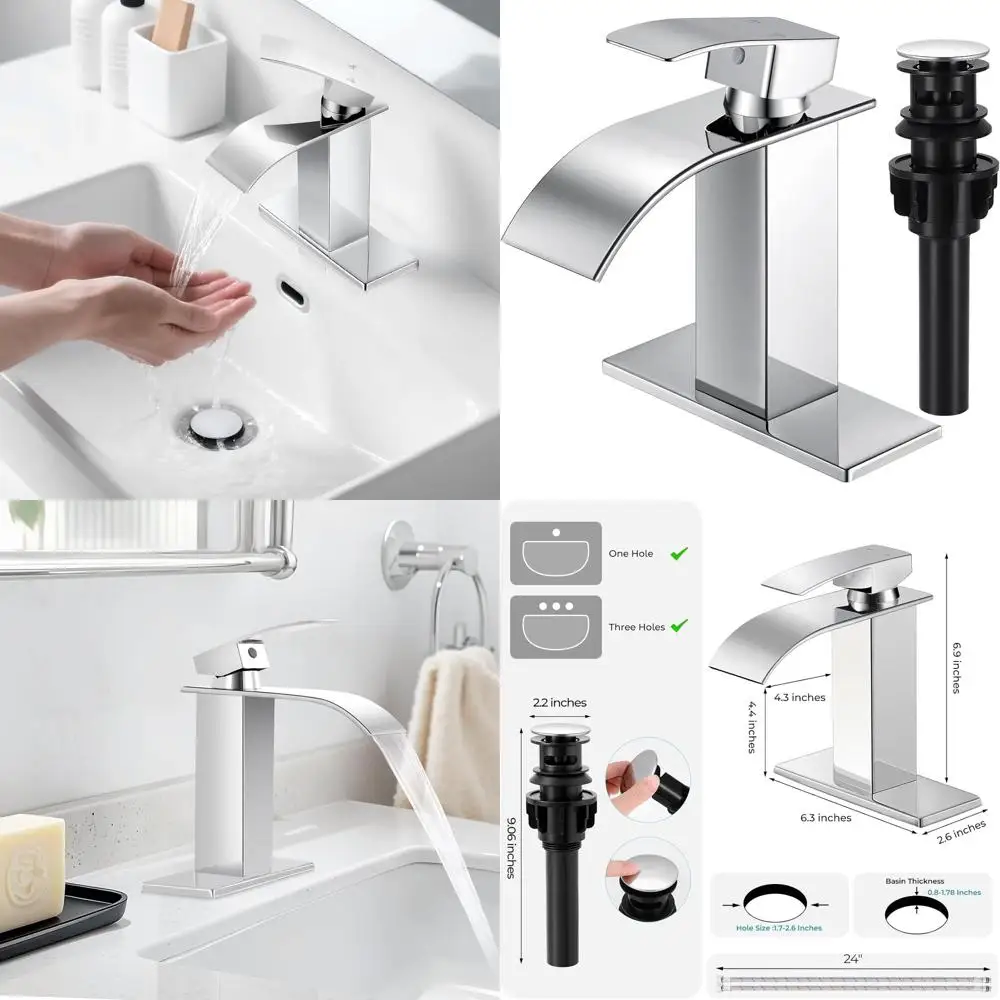 

Modern Single Handle Waterfall Bathroom Sink Faucet with Mixer Tap, Pop-up Drain and Deck Plate Included