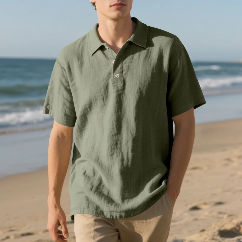 

Высококачественная хлопково-льняная рубашка-поло с коротким рукавом для мужчин, повседневная, свободного кроя, удобная, летняя, с отложным воротником на пуговицах.