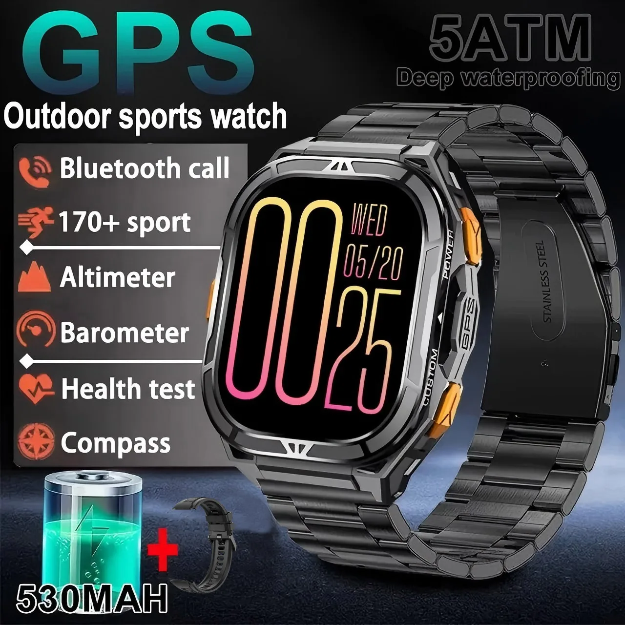 2025 New For Xiaomi Military Outdoor Smart Watch Men's GPS Bluetooth Call 1.96" AMOLED Screen 5ATM Waterproof Sports Smartwatch