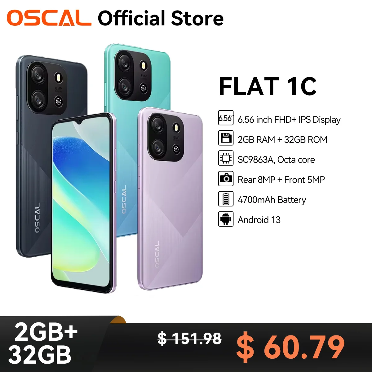 OSCAL FLAT 1C Smartphone ,Android13 6.56'' HD Display ,4700mAh Battery Cell Phone, 2GB 32GB Octa Core 8MP Camera Mobile Phone 4G