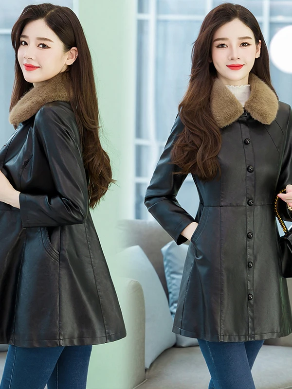 Thiened Fce Leather Jaet Women's Winter Clothes 2025 Winter New Faion Casual Warm Top Mid-Length Commute Sle