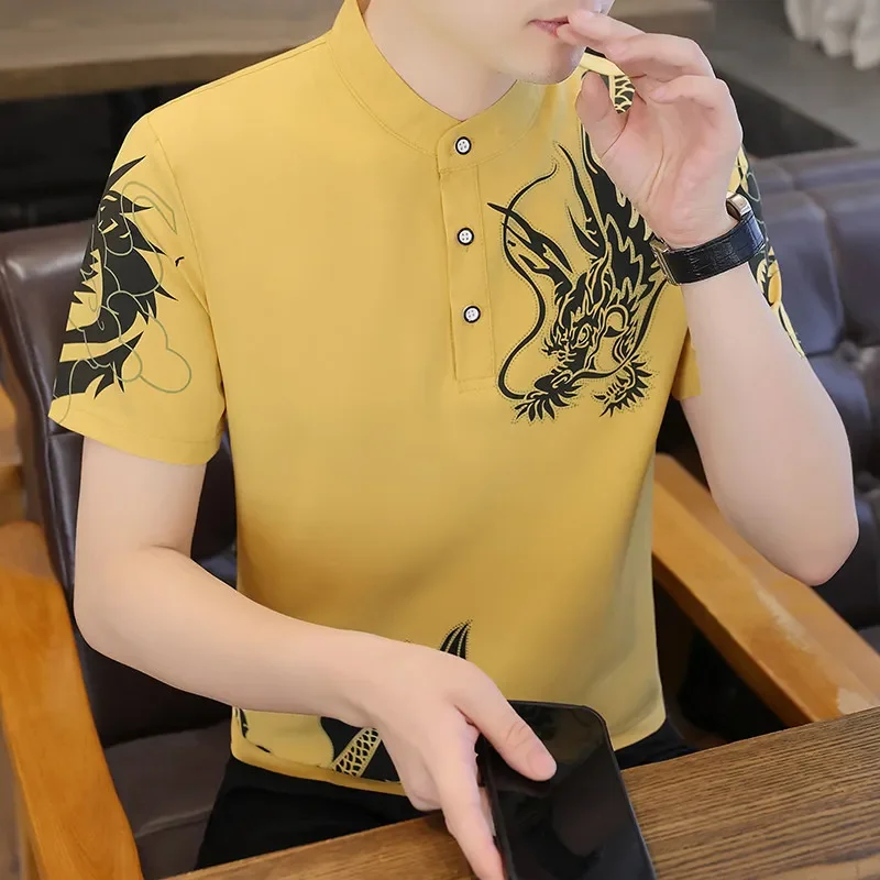 New Men's Dragon Collar POLO Shirt Ice Silk Fabric Korean Shirt Casual T-shirt