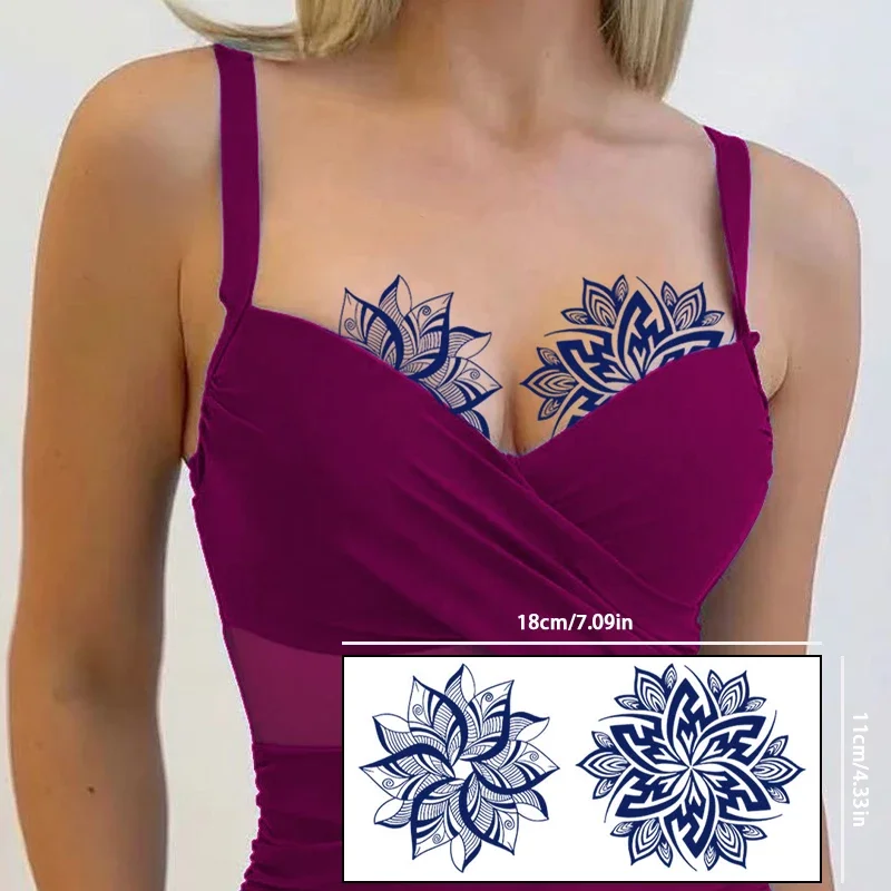 Blue Lotus Leaf Chest Breast Temporary Tattoo Sticker Waterproof Fake Tattoo Body Art for Women