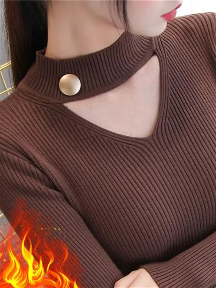 

Женский трикотажный свитер Fce с вырезами, удлиненный, для ношения под одеждой, осенне-зимний, облегающий, вязаный, базовый...