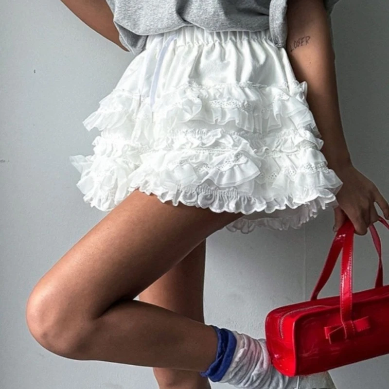 

Korean Summer White Cake Skirt Pants Lace Sweet Girlish Puffy Skirt Pants