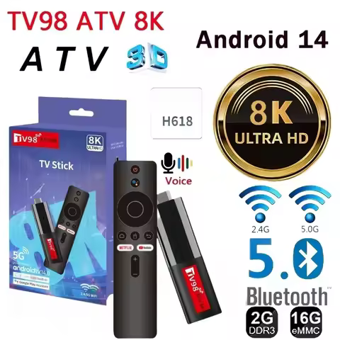 TV98 ATV Mini TV Stick Android 14 H618 Quad Core Cortex A53 Support 8K Video 4K Wifi6 BT5.0 Voice Remote Smart TV Box