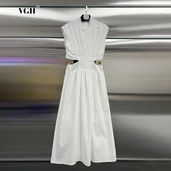 VGH Hollow Out Elegant Slimming Dress For Women Stand Collar Sleeveless Backless High Waist Minimalist Long Dress Female Style