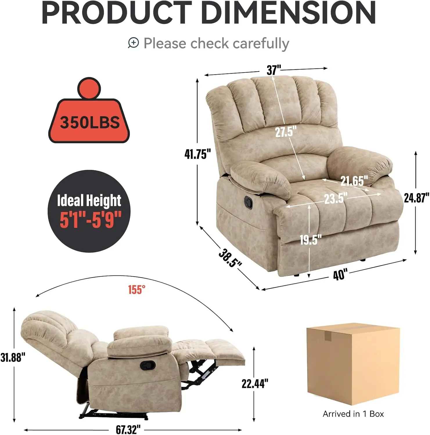 Large Manual Recliner Chair,Soft Fabric Push Back Recliner with Overstuffed Armrest and Backrest, Living Room Single Sofa Reclin