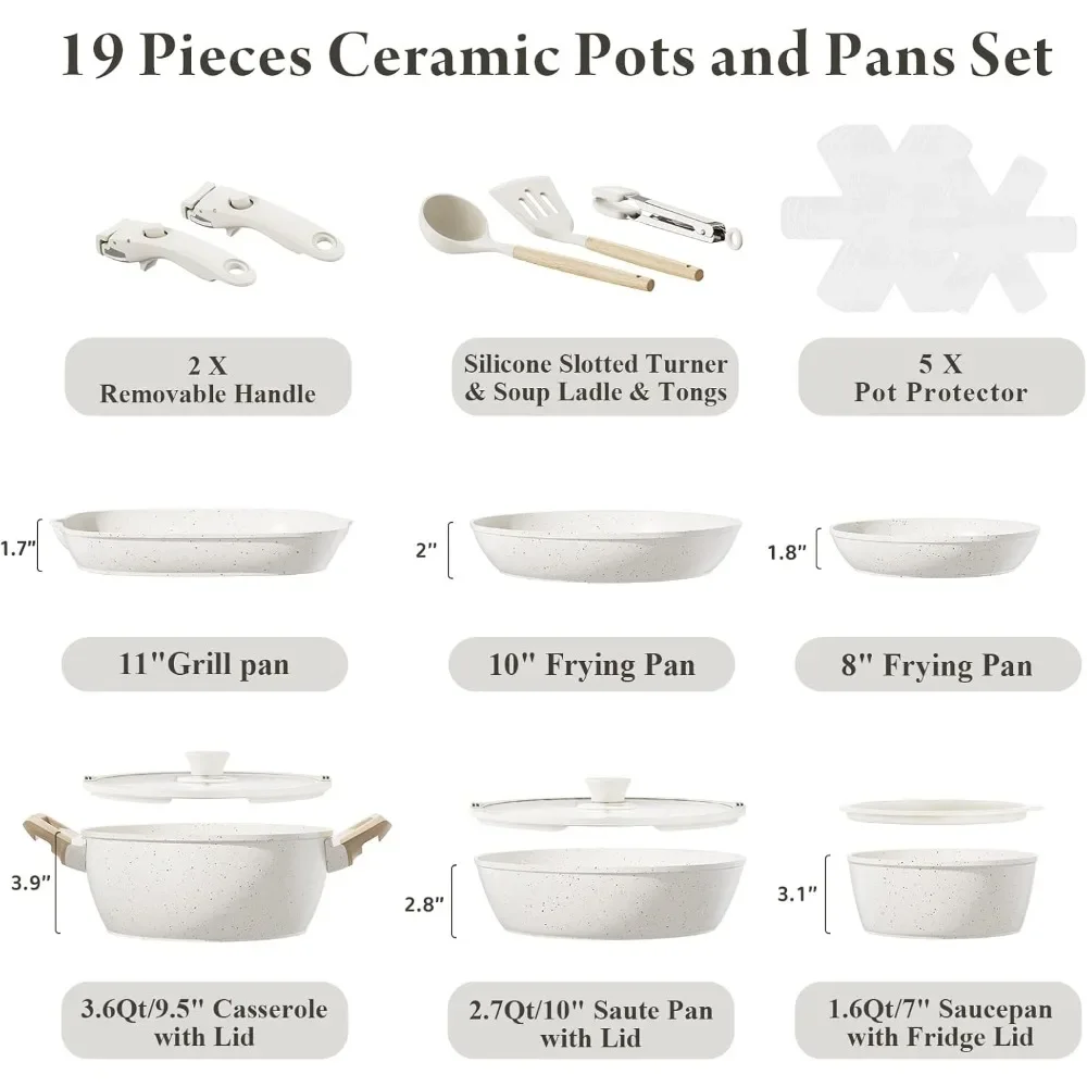 19 Pcs Pots and Pans Set Non Stick Ceramic Cookware Set with Removable Handles, Non Toxic Induction Kitchen Cookware Sets