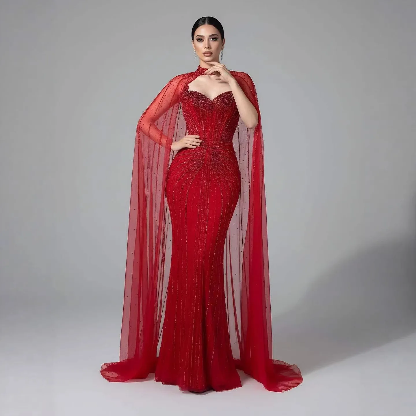 Serene Hill Caramel Beaded Mermaid Evening Dress with Cape