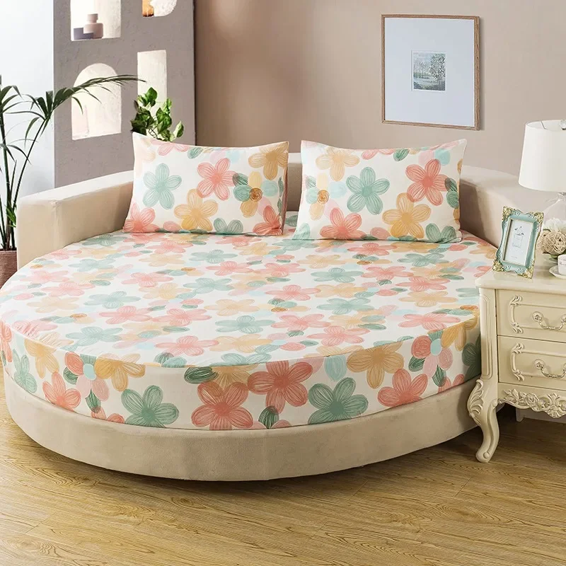 

3Pcs Elastic Cotton Fitted Sheet Bands Bed Linen for Round Mattress Cover Solid Color Queen Size Bedspread with Pillowcase