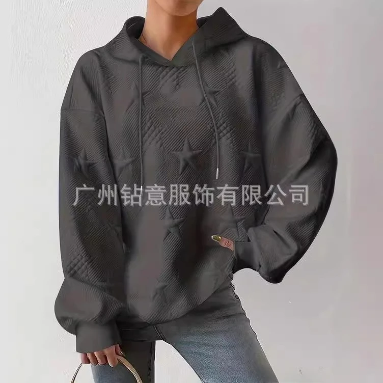 Women's Autumn Winter New Style American Classic High Street Solid Color Hooded Sweatshirt Ribbed Loose Fashion Versatile Top