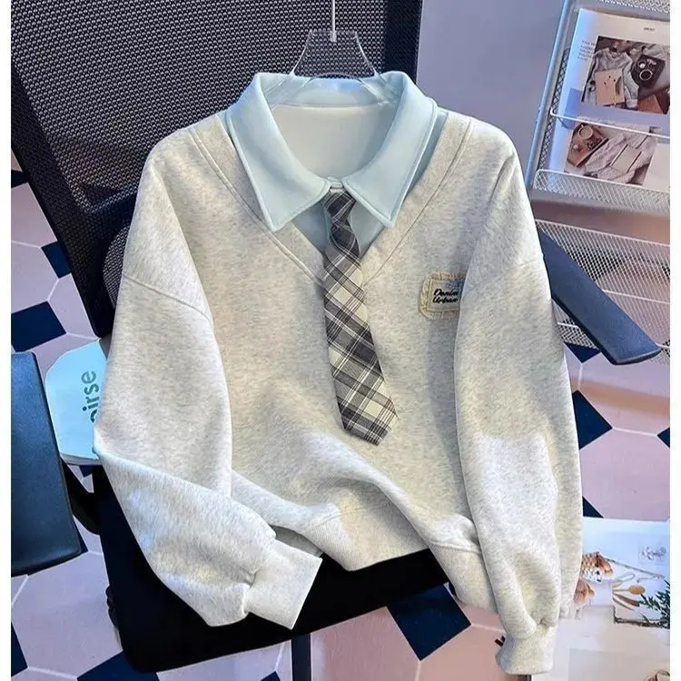 Women's Spring and Autumn Best-selling College Style Casual Loose Fake Two-piece Bow Tie Polo Collar Long Sleeve T-shirt