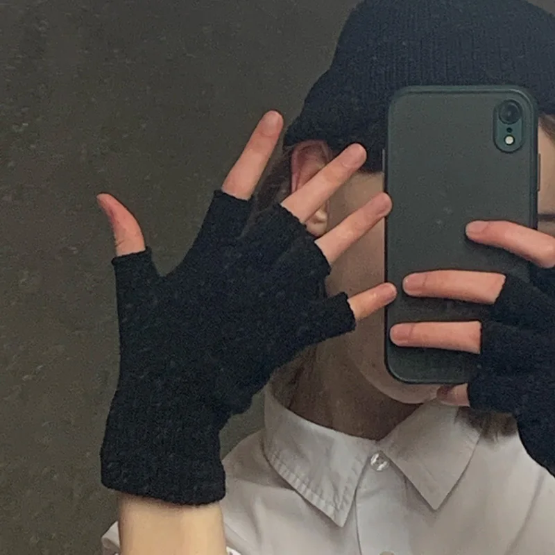 1pair Black Short Half Finger Fingerless Knit Wrist Glove Winter Warm Stretch Work Gloves for Women and Men Cycling Accessories, image 3