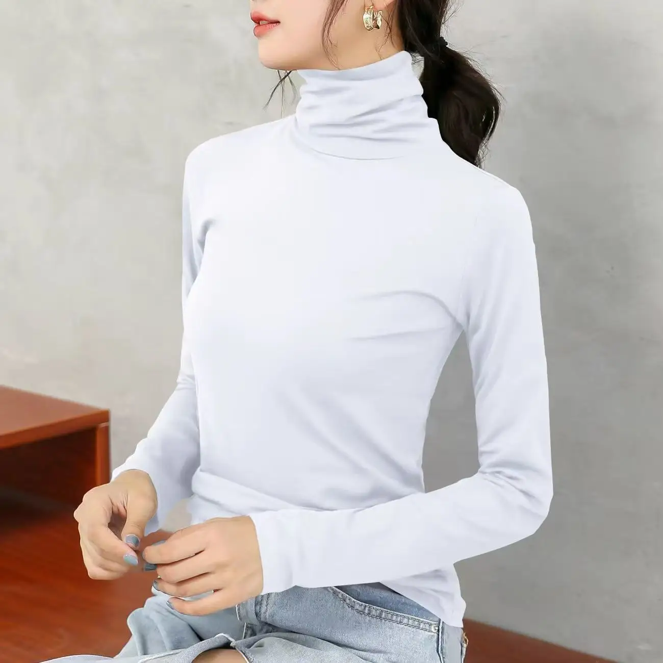 Black High Collar Modal Base Shirt Women's Spring Autumn Thin Long Sleeve Slim Fit Casual Style Pure Color Polyester Fiber