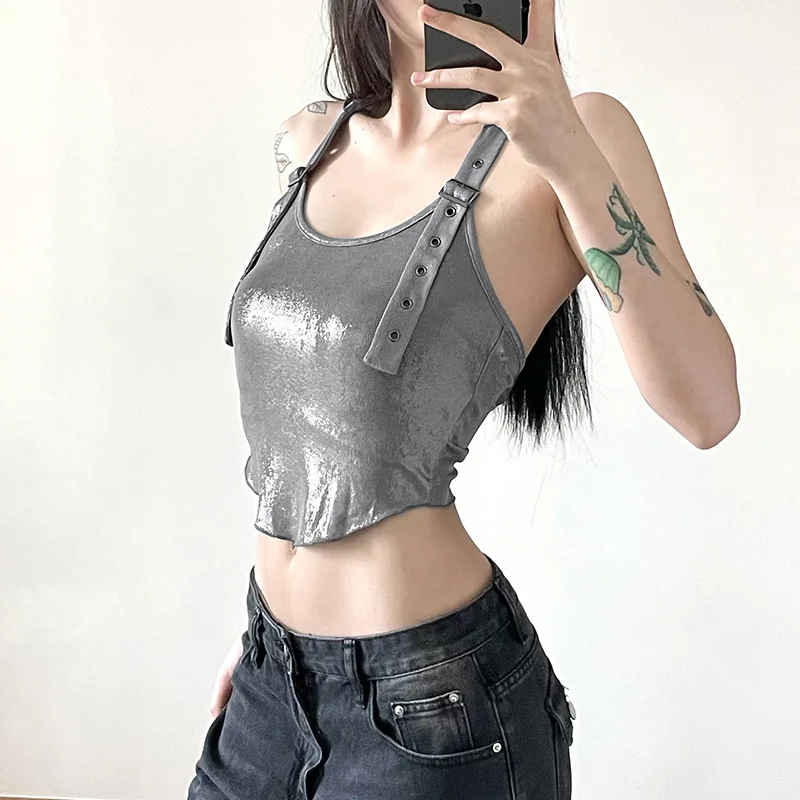 

2025 New Suspender Summer Sexy Hot Girl Personality Niche Street Slimming Tailored Cut Hooded Hanging Neck Top Female Clothing