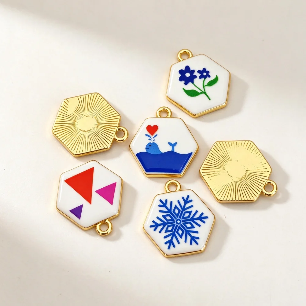 4 Pcs Pendants Brass Enamel Hexagonal Charms Whale Flower Snowflake Design Diy Jewelry Accessories for Necklace Bracelet Making