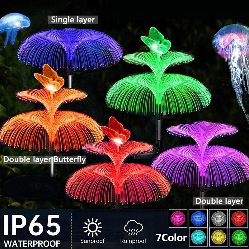 Luces solares de jardín para exteriores, luces solares de medusas con gradiente RGB de 7 colores, impermeables de una sola o doble capa para camino