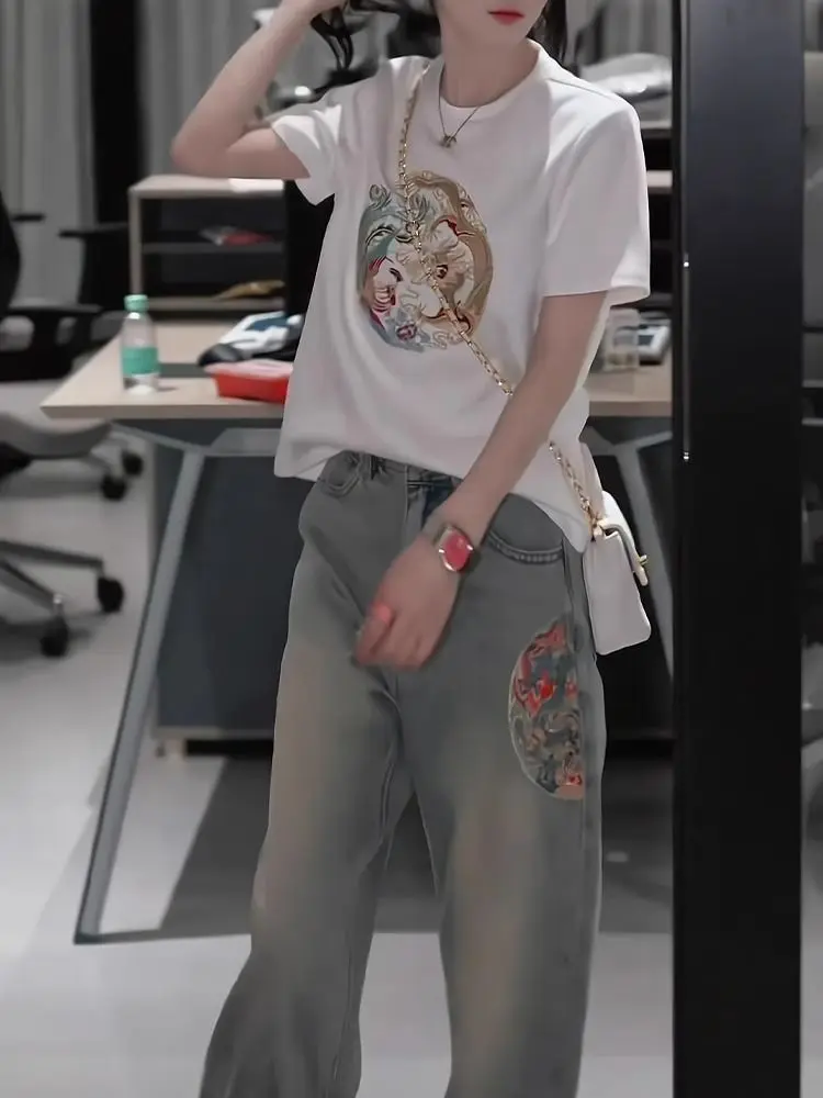 엘레 중국 스타일 자수 스키니 진 하이웨이스트 롱 팬츠 여성용 봄 여름 패션 트렌디 코튼 블렌드 데님