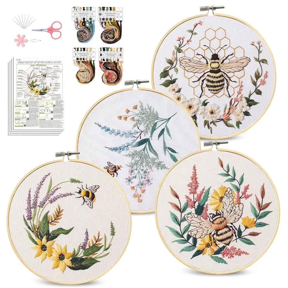 

Набор для вышивания (4 шт.) для начинающих, наборы для вышивки крестом для взрослых, наборы для вышивания иглой с узором «Пчела и цветы»