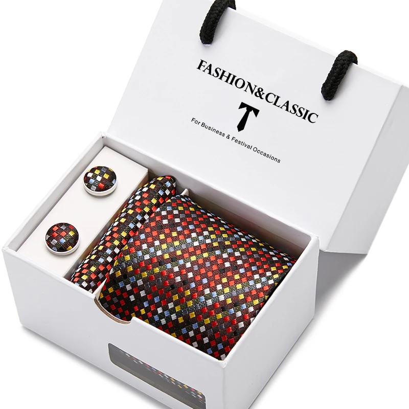 Hochwertiges 7,5 cm schwarzes, solides Herren-Krawatten-Taschentuch-Manschettenknöpfe-Set für Männer, Hochzeitskrawatten, Gravatas in Geschenkbox – Detail 14