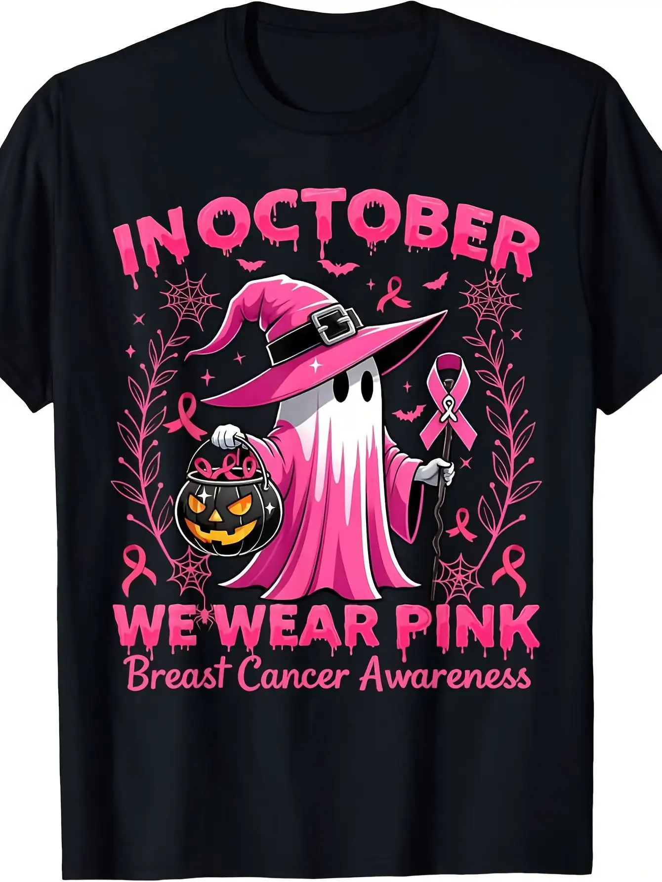 Men'S And Women'S Short Sleeve T-Shirt - October Pink Breast Cancer Awareness - Halloween Graphic Print Crew Neck Tee - Public Welfare Holiday Casual Daily Top