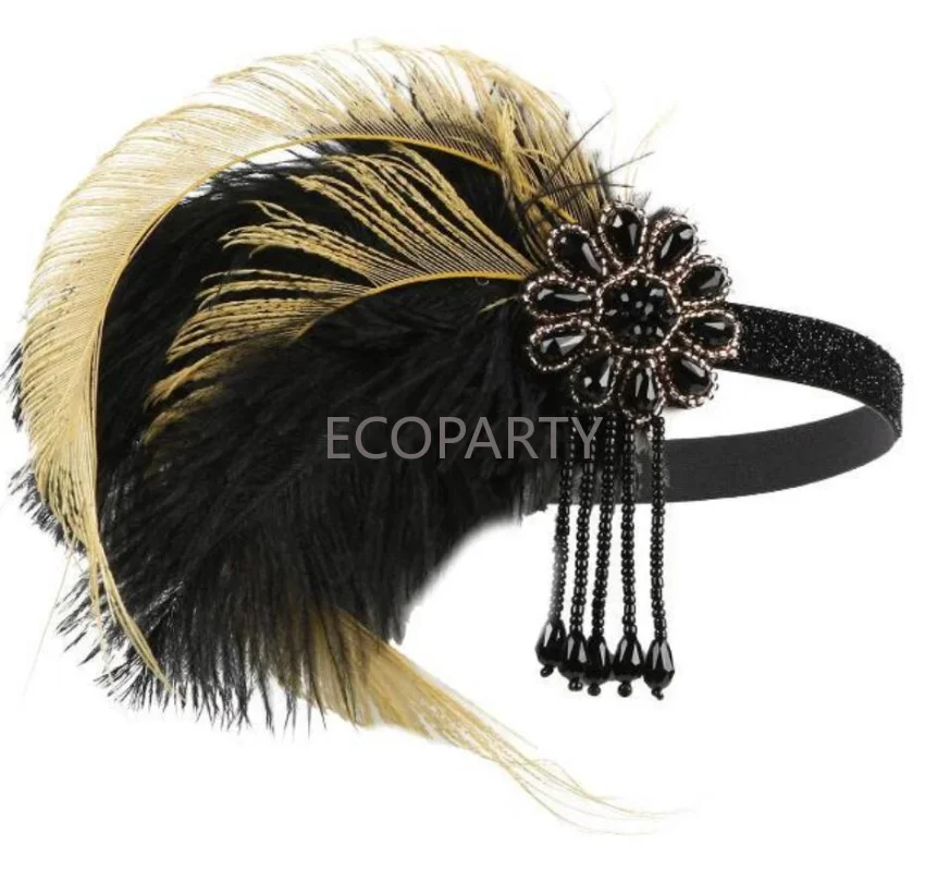 Charleston Feather fasce verde giallo perline con frange copricapo Flapper accessori per abiti Cosplay Great Gatsby Costume puntelli